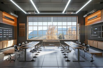 Aufkleber - A contemporary classroom with large windows, interactive panels, and sleek, modern furniture creates an inviting learning environment. Generative AI