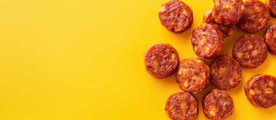 Wall Mural - baked sausage patties pastel background food isolated. copy space image. place for adding text and d