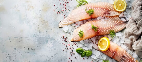 Wall Mural - raw pangasius fillet fish for cooking pastel background. copy space image. place for adding text and