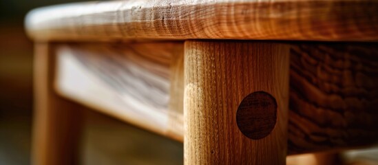 Sticker - Detail of a wooden glued joint of a chairs leg. Material used for the stool is cherry wood untreated with a sanded finish. Copy space image. Place for adding text and design