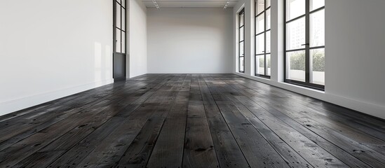 Wall Mural - Empty room with dark wooden floating laminate flooring. House interior, wide bedroom or living room space. Newly recently painted new apartment or house. Wood floor