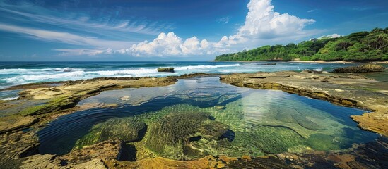 Sticker - tide pool with beautiful textures, sunlight reflections dancing, waves from the sea rolling in, blue