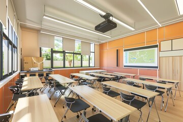 Poster - A modern and inviting classroom with interactive panels and AI assistants designed to enhance the learning experience for students. Generative AI