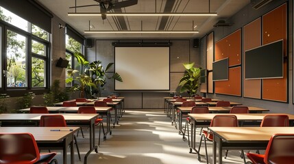 Fototapete - A contemporary classroom or study space equipped with interactive panels and AI assistants, enhancing the learning experience for students. The design is modern and inviting. Generative AI