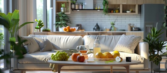 Wall Mural - Cozy sofa in spacious living room. Laid table. Fruits and coctails. Copy space image. Place for adding text and design