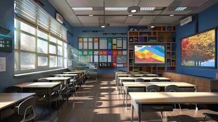 Fototapete - A contemporary classroom with interactive panels, AI assistants, and modern furniture, creating an inviting learning environment. Generative AI