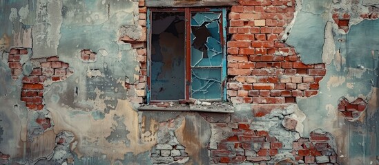 Poster - The wall of a destroyed house. Red brick laying. The window is bricked up. Copy space image. Place for adding text and design