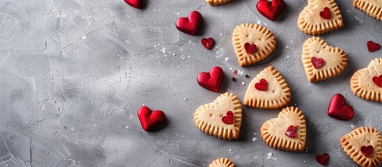 Sticker - Ready heart-shaped shortbread cookies for Valentine's Day on the gray background. Recipe step by step. Valentine's Day food background. Top view. Copy space image. Place for adding text or design