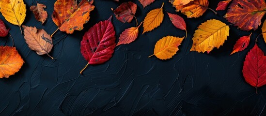 Wall Mural - colorful various autumn fallen leaves on a dark black background. seasonal background and texture. t