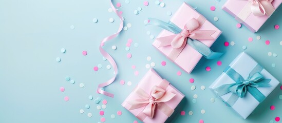 Wall Mural - Gift boxes with ribbon and bow on pastel background. Copy space image. Place for adding text and design