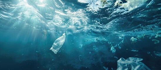 Underwater view in blue ocean with plastic bag and rubbish, ecological problem. Copy space image. Place for adding text or design