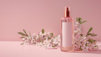 Beauty product mock-up of a facial mist bottle with floral props