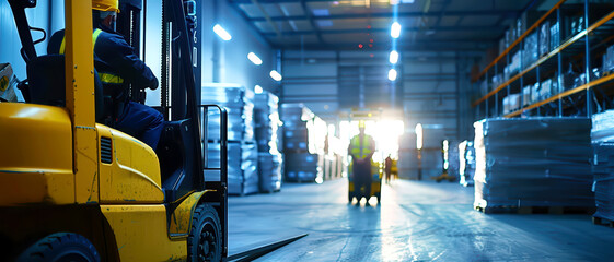 Poster - Warehouse workers operating forklifts, busy logistics, bright environment, safety-focused