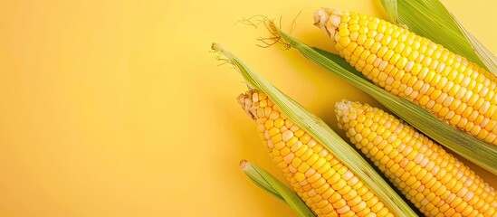 Wall Mural - raw corn isolated on pastel background food summer. copy space image. place for adding text and desi