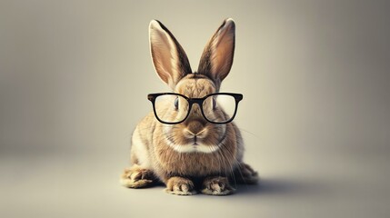 Wall Mural - A studio shot of an adorable bunny wearing horn-rimmed glasses. The bunny is sitting on a white background and looking directly at the camera.