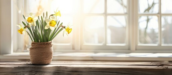 Canvas Print - Beautiful daffodils growing in vase on rustic wooden bench on background of modern room in sunlight. Bridal daffodil arrangement. Stylish farmhouse home decor. Copy space image