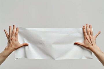 Wall Mural - Two hands catching white sheet horizontally with fingers stretched out on the edge with isolated gray gradient background