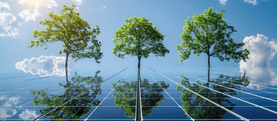 Green trees and blue sky reflection on solar panels. Go green with renewable energy!. Copy space image. Place for adding text or design