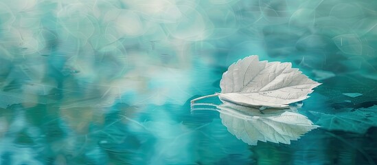 Wall Mural - White transparent leaf on mirror surface with reflection on turquoise background macro. Artistic image of ship in water of lake. Dreamy image nature, free space. Copy space image