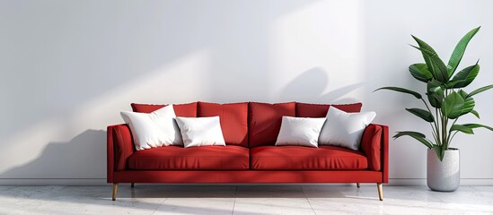 Wall Mural - modern living room design with white pillows on the red sofa. Copy space image. Place for adding text and design