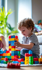 Children playing with colorful building blocks in a bright room, ideal for themes of creativity, learning, and childhood fun in educational or toy-related content