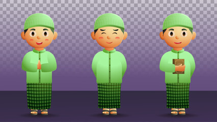 Set Islamic Muslim Boy Cut characters with various Cute Expressions Premium Vector