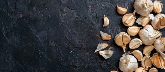 Wall Mural - Dried Garlic isolated in black pastel background  Texture. Copy space image. Place for adding text and design