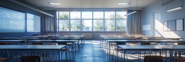 Fototapete - A contemporary classroom with interactive panels and AI assistants, designed to enhance the learning experience for students. Generative AI