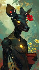 A cybernetic deer humanoid with luminous yellow eyes, a polished metal face, black hair, and a red daisy behind one ear, wearing a dark suit with yellow leaf motifs,