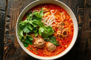 The food Nam Ngiao Rice Noodle is a traditional spicy rice noodle soup