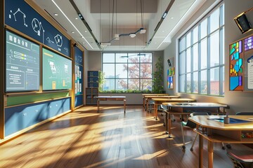 Fototapete - A modern and inviting classroom with interactive panels, AI assistants, and large windows. Generative AI