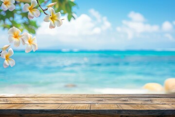 Wall Mural - Background of tropical summer with wooden table top surrounded with blurry sea sun sky scenery