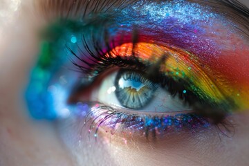 closeup up of an eye of a person with rainbow makeup with all skin covered with makeup with glitter