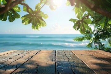 Wall Mural - A blurred sea view, blue sky, and blurry green leaves serve as the background for this Product Display Stand.