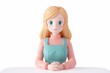 © Maxim Borbut - With clipping path 3D rendering, a girl with blonde hair, a pink dress, and a green apron sits on a counter with her arms behind her