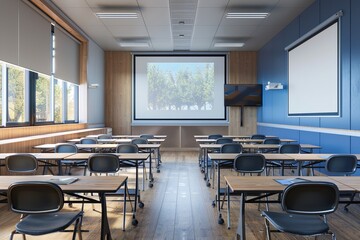 Leinwandbilder - A modern, well-lit classroom with interactive panels and AI assistants, creating an engaging learning environment for students. Generative AI