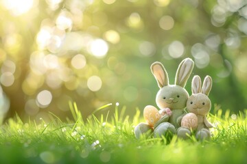 Wall Mural - The rabbit dolls are made from rice straw and stand on grass and fresh leaves as the frame behind a blurred mountain view behind the Easter backdrop.