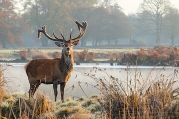 A large red deer stag one early morning