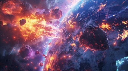 Wall Mural - an asteroid is approaching the earth with a burning comet in the background. a meteorite comes close