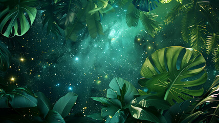 Wall Mural - elegant display of tropical leaves with various shades of green, set against an enchanting space background with nebulae and stars,