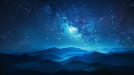 galaxy night landscape, blue starry astronomy sky above mountains, infinite stars twinkling in the b