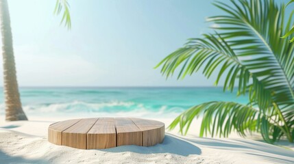 Wall Mural - Summer podium display with pile of sand, palm leaf coconut tree and beach background
