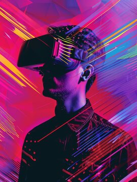 Virtual reality goggles on colorful neon light backgrounds, Metaverse Visualization simulation, augmented reality, virtual reality, futuristic concept poster art.