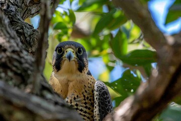 a peregrine falcon in a tree