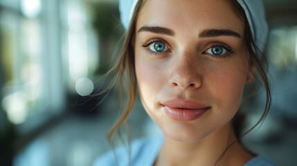 A nurses gentle gaze in a modern hospital setting. A portrait of a young nurse looking directly at the camera with a soft smile