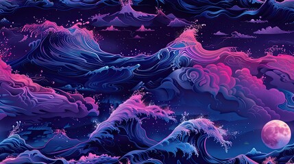 ocean waves, in the style of psychedelic illustration, dark blue and pink, dream-like scenes, distorted figures, trillwave, vibrant illustrations