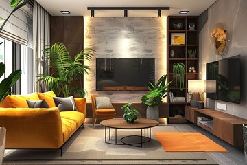 Poster - A modern living room with a bright yellow sofa, lush plants, and stylish decor. Generative AI