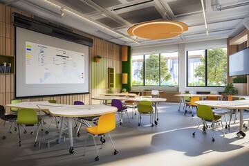 Fototapete - A contemporary classroom with interactive panels and AI assistants, fostering an engaging learning environment for students. The space is bright, modern, and inviting. Generative AI