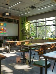 Fototapete - A contemporary classroom featuring modern desks, interactive panels, and green spaces, creating an inviting and stimulating learning environment. Generative AI