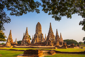 Wat Chaiwatthanaram temple at sunset in a historical park in Ayutthaya, Thailand.